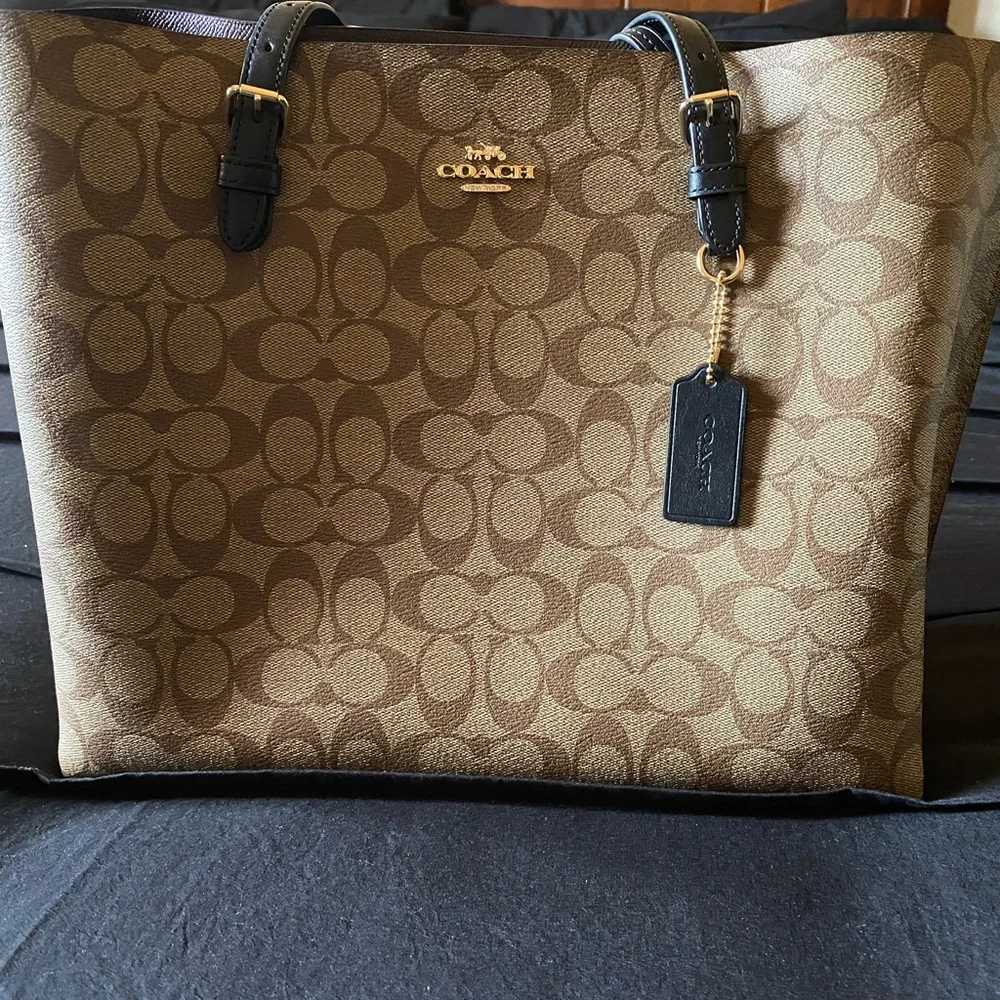 Coach Tan/Brown Signature Canvas Tote with Black Trim - Picture 1 of 5